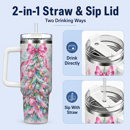#pl[40oz|White] Pastel Christmas Tree 40oz Tumbler, Pink Bow Large Holiday Drinkware