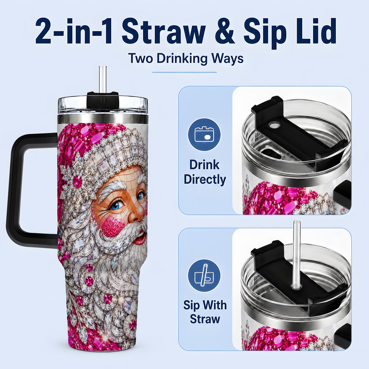 #pl[40oz|Black] Jeweled Christmas Santa 40oz Tumbler, Pink Crystal Large Drinkware