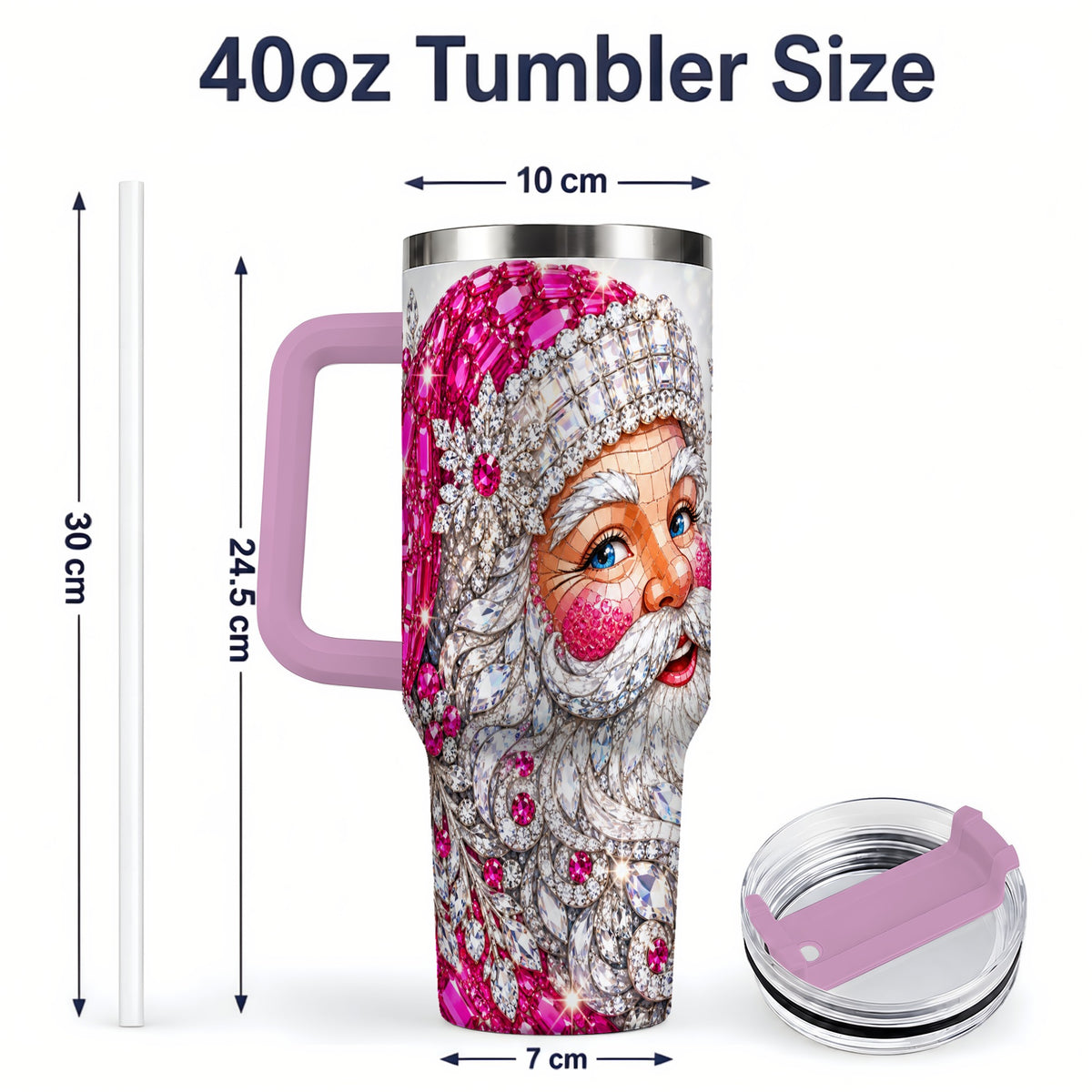 #pl[40oz|Pink] Jeweled Christmas Santa 40oz Tumbler, Pink Crystal Large Drinkware