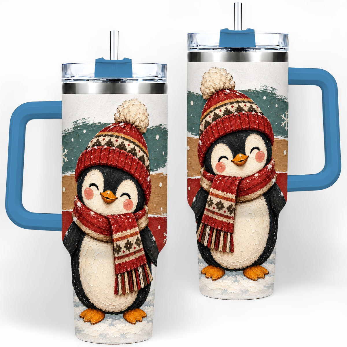 #pl[40oz|Blue] Winter Penguin Christmas 40oz Tumbler, Cozy Scarf Large Drinkware