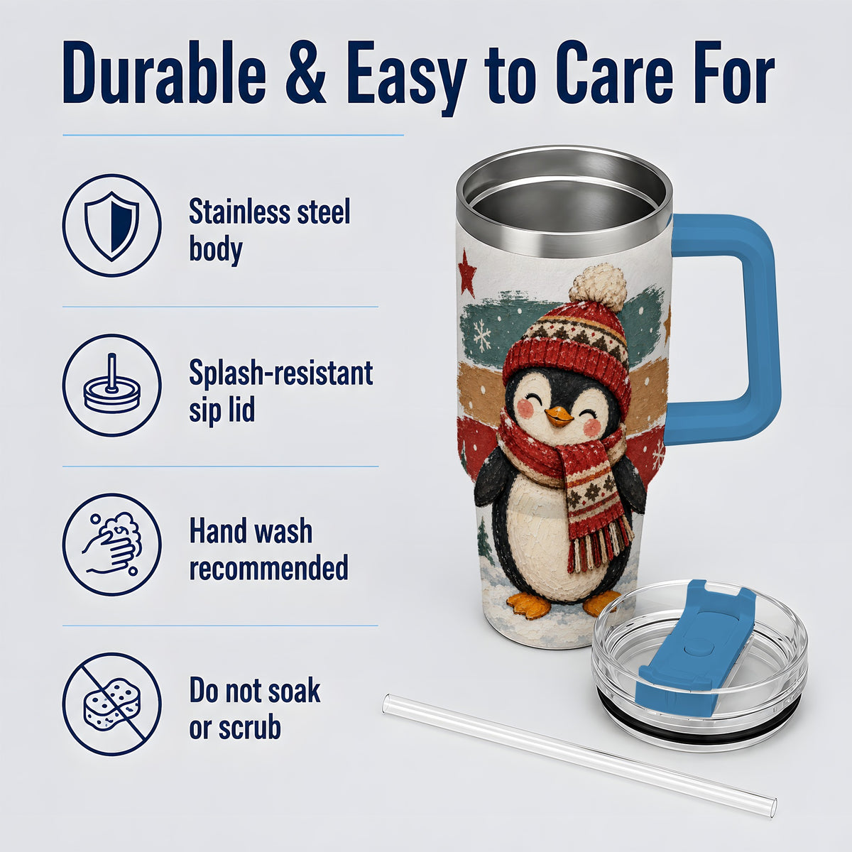 #pl[40oz|Blue] Winter Penguin Christmas 40oz Tumbler, Cozy Scarf Large Drinkware