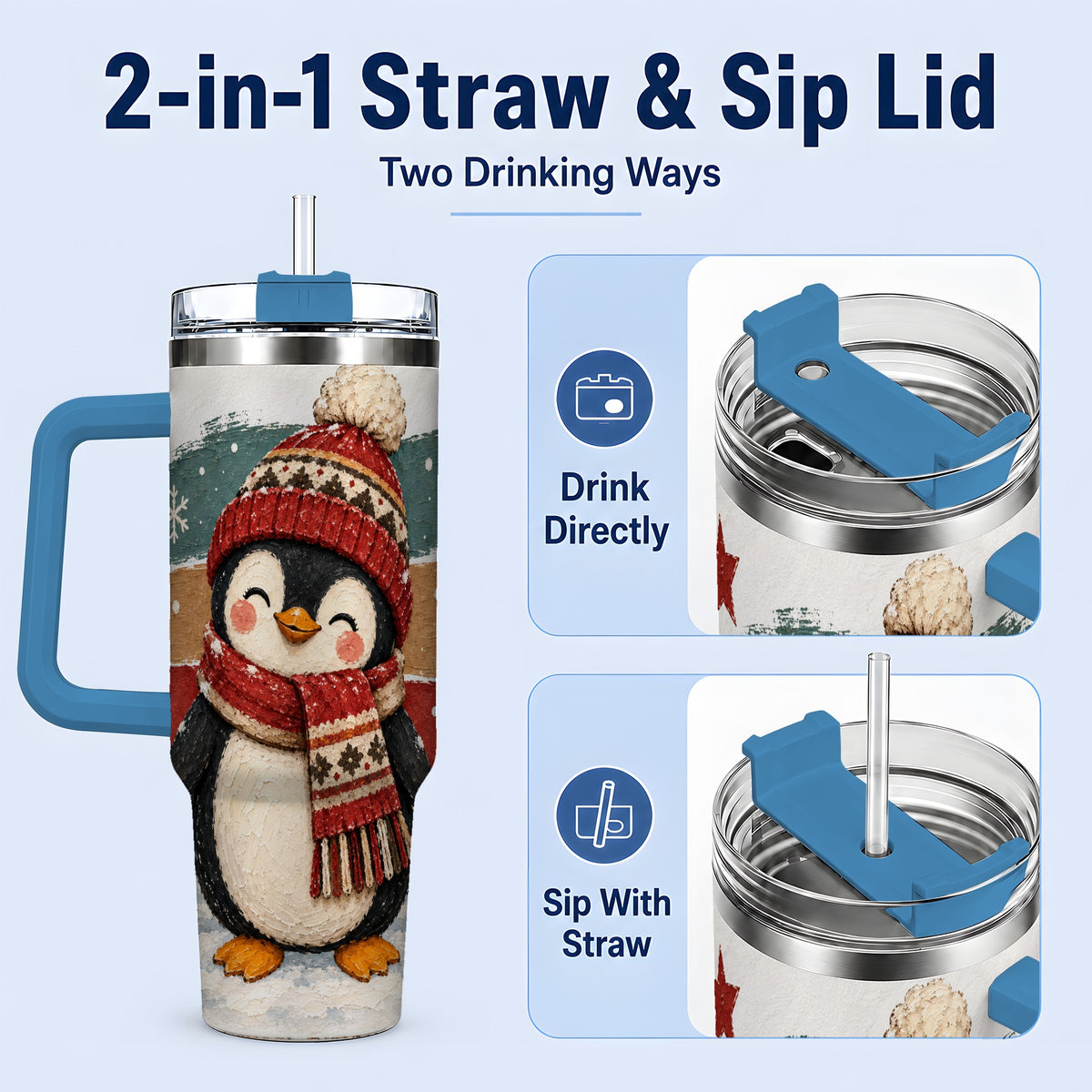 #pl[40oz|Blue] Winter Penguin Christmas 40oz Tumbler, Cozy Scarf Large Drinkware