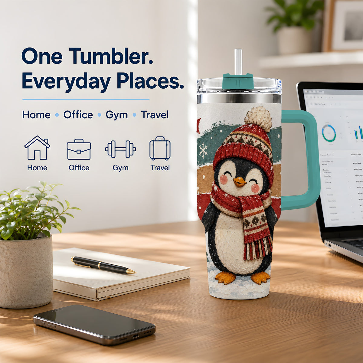 #pl[40oz|Green] Winter Penguin Christmas 40oz Tumbler, Cozy Scarf Large Drinkware