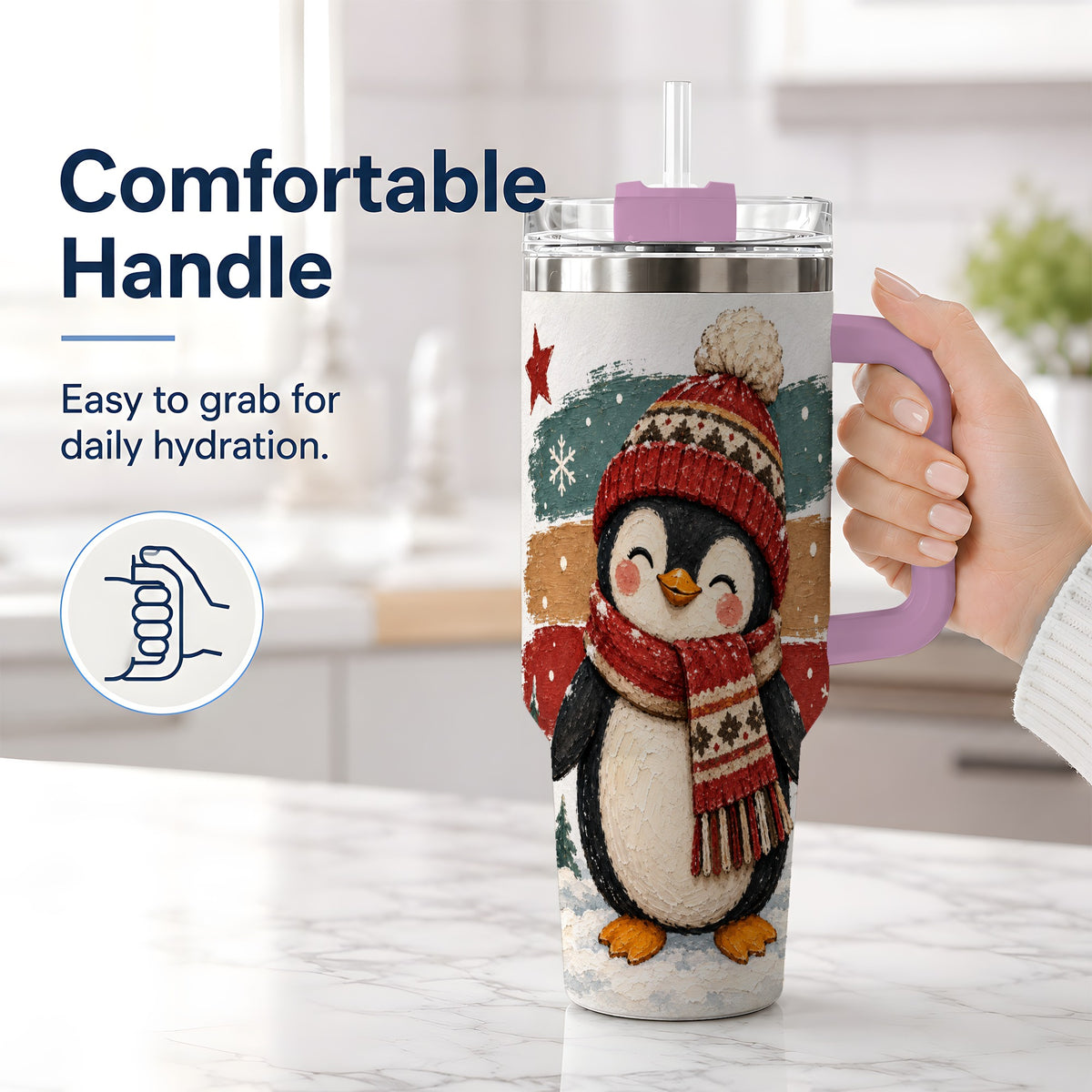 #pl[40oz|Pink] Winter Penguin Christmas 40oz Tumbler, Cozy Scarf Large Drinkware