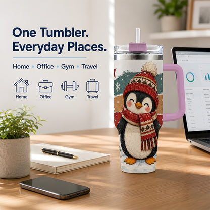 #pl[40oz|Pink] Winter Penguin Christmas 40oz Tumbler, Cozy Scarf Large Drinkware