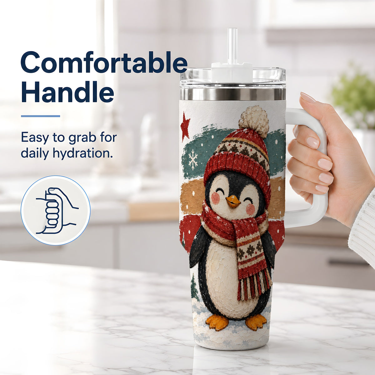 #pl[40oz|White] Winter Penguin Christmas 40oz Tumbler, Cozy Scarf Large Drinkware