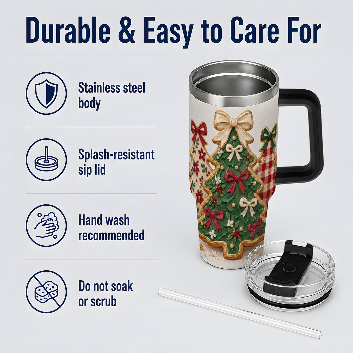 #pl[40oz|Black] Christmas Tree Cookie 40oz Tumbler, Bow Plaid Large Holiday Drinkware