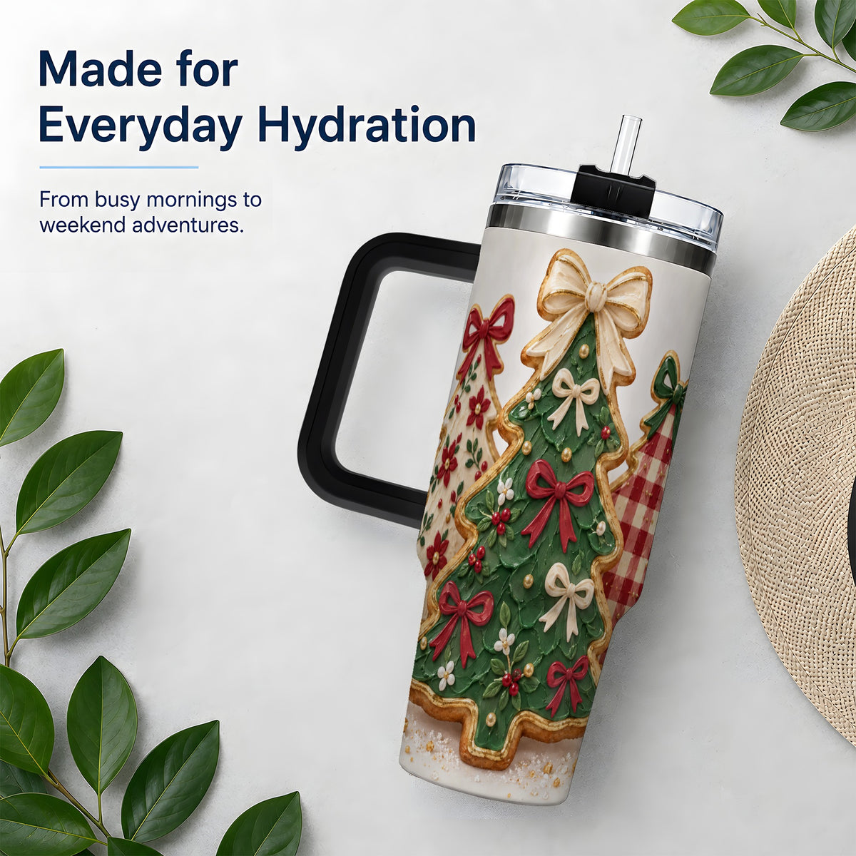 #pl[40oz|Black] Christmas Tree Cookie 40oz Tumbler, Bow Plaid Large Holiday Drinkware