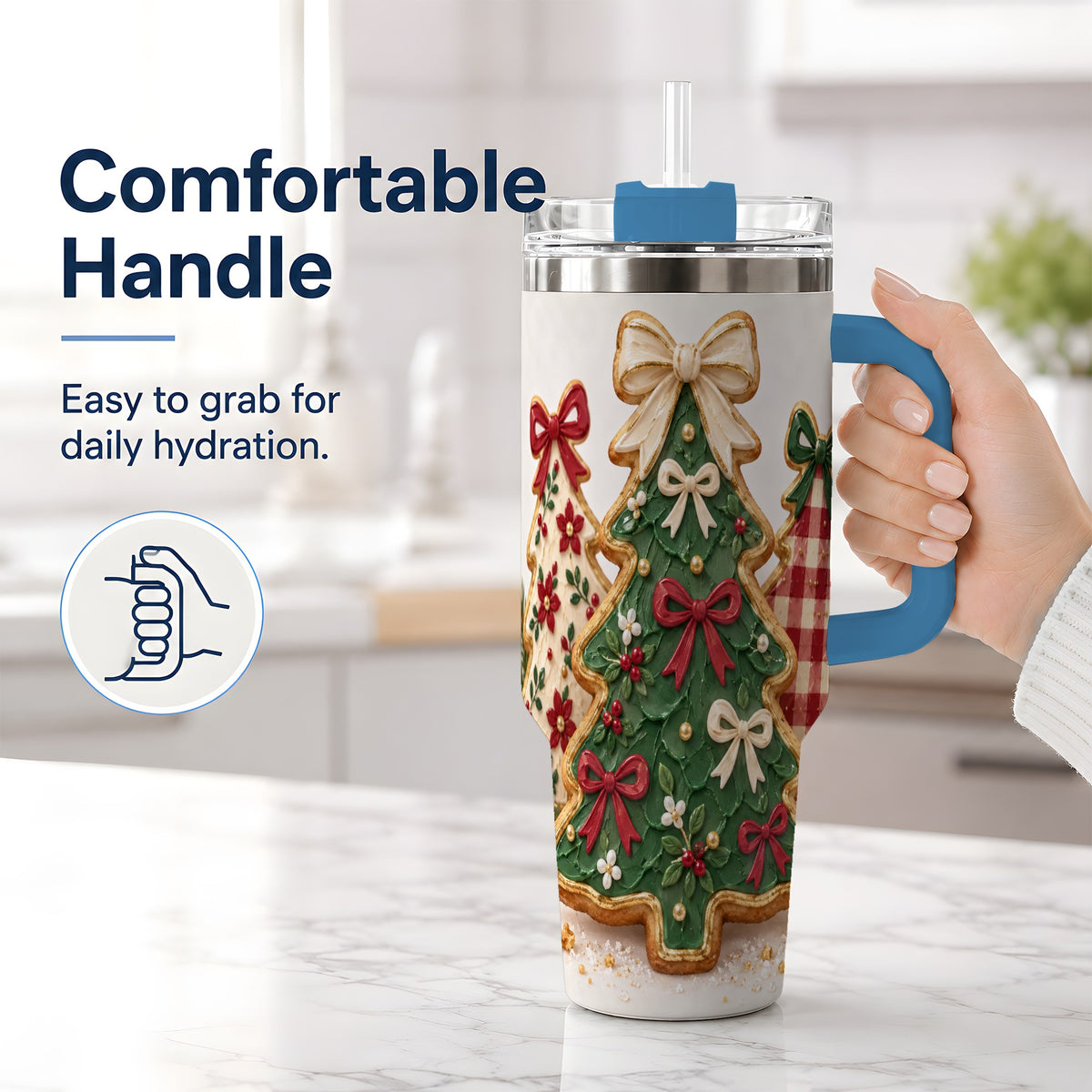 #pl[40oz|Blue] Christmas Tree Cookie 40oz Tumbler, Bow Plaid Large Holiday Drinkware