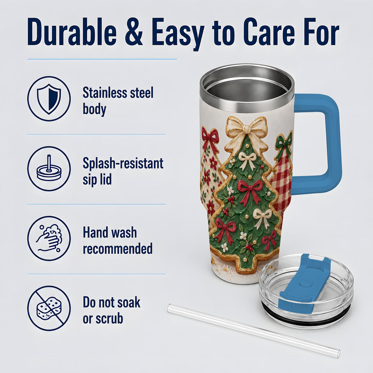 #pl[40oz|Blue] Christmas Tree Cookie 40oz Tumbler, Bow Plaid Large Holiday Drinkware