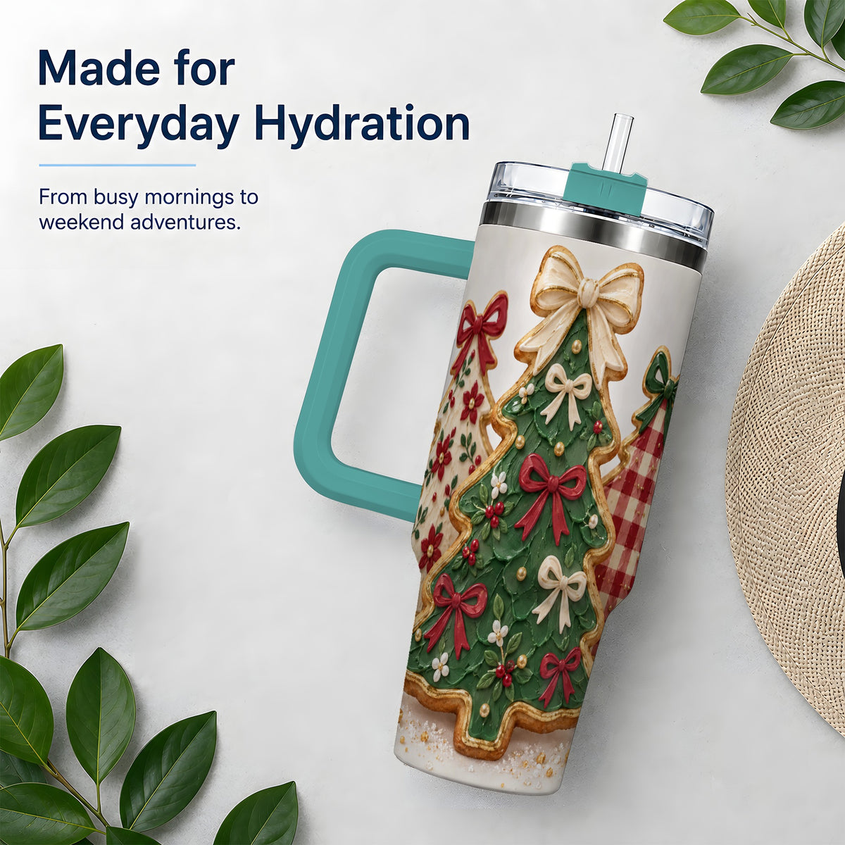 #pl[40oz|Green] Christmas Tree Cookie 40oz Tumbler, Bow Plaid Large Holiday Drinkware