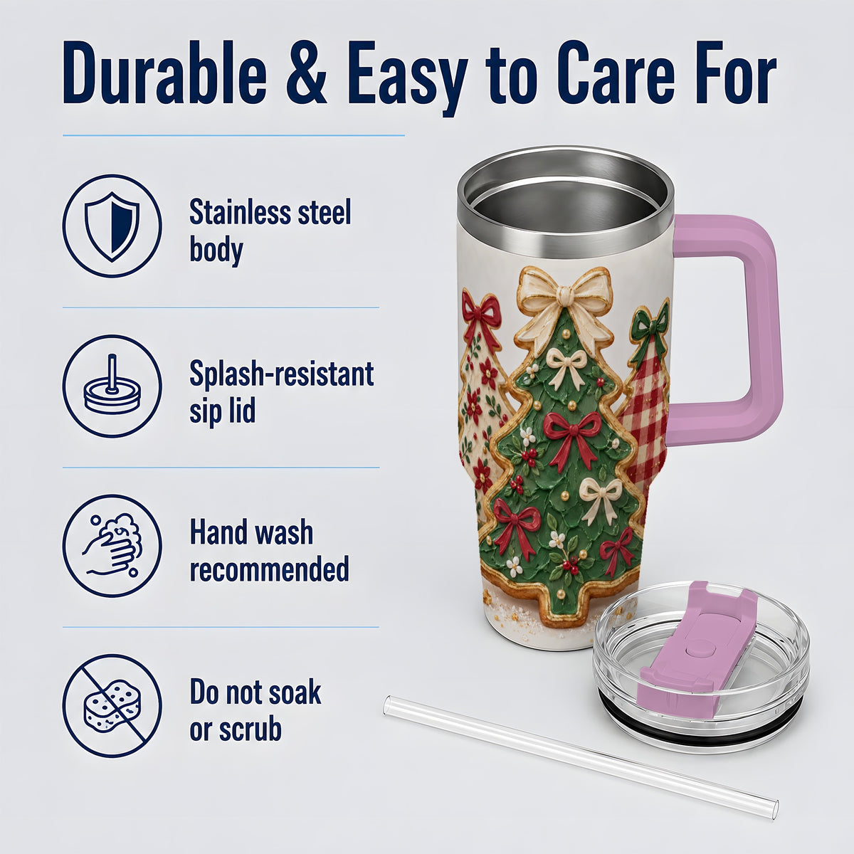 #pl[40oz|Pink] Christmas Tree Cookie 40oz Tumbler, Bow Plaid Large Holiday Drinkware