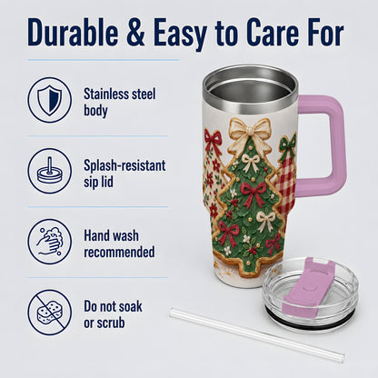 #pl[40oz|Pink] Christmas Tree Cookie 40oz Tumbler, Bow Plaid Large Holiday Drinkware