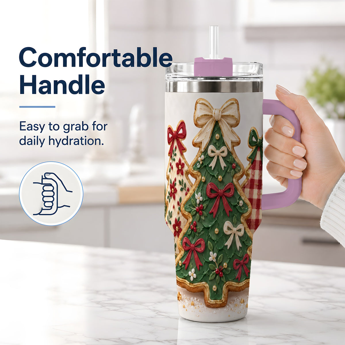 #pl[40oz|Pink] Christmas Tree Cookie 40oz Tumbler, Bow Plaid Large Holiday Drinkware