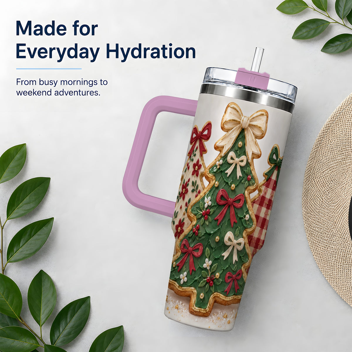 #pl[40oz|Pink] Christmas Tree Cookie 40oz Tumbler, Bow Plaid Large Holiday Drinkware
