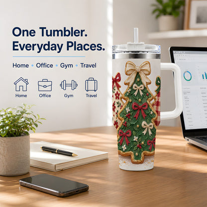 #pl[40oz|White] Christmas Tree Cookie 40oz Tumbler, Bow Plaid Large Holiday Drinkware