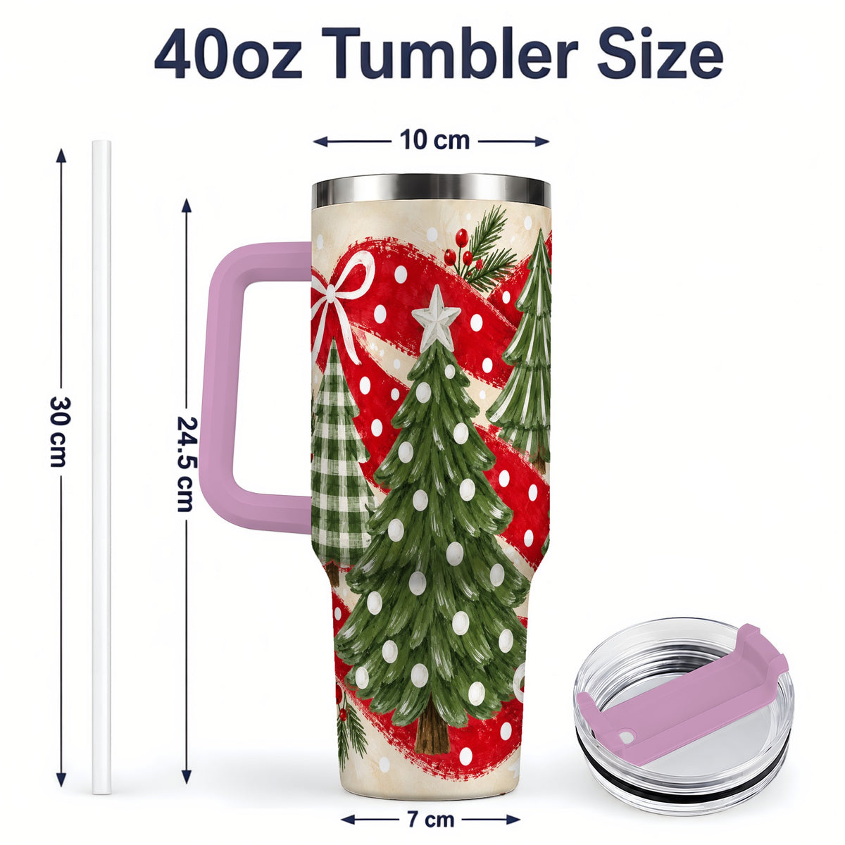 #pl[40oz|Pink] Classic Christmas Trees 40oz Tumbler, Red Ribbon Large Drinkware