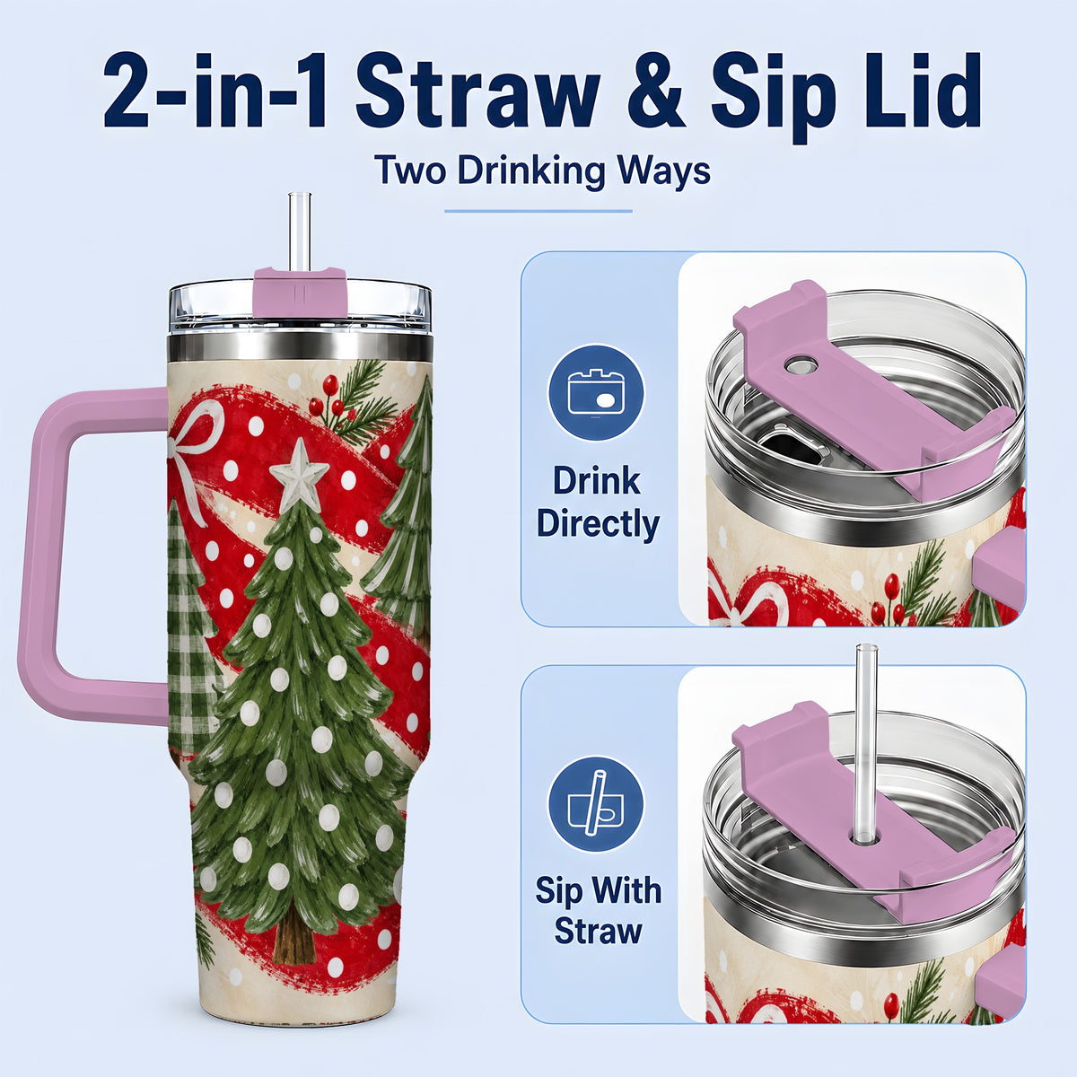 #pl[40oz|Pink] Classic Christmas Trees 40oz Tumbler, Red Ribbon Large Drinkware