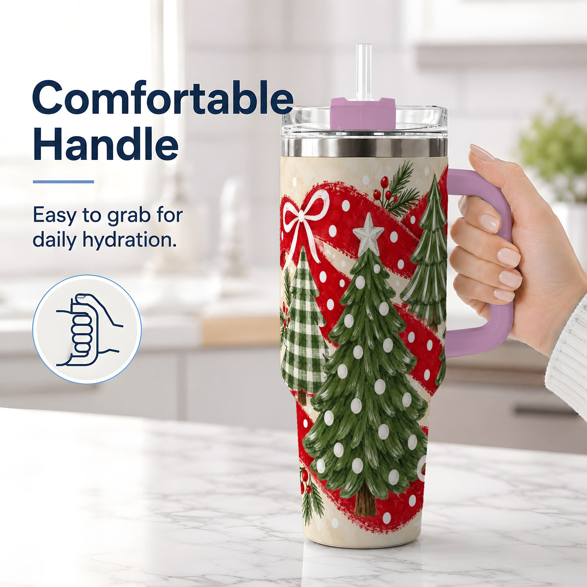 #pl[40oz|Pink] Classic Christmas Trees 40oz Tumbler, Red Ribbon Large Drinkware