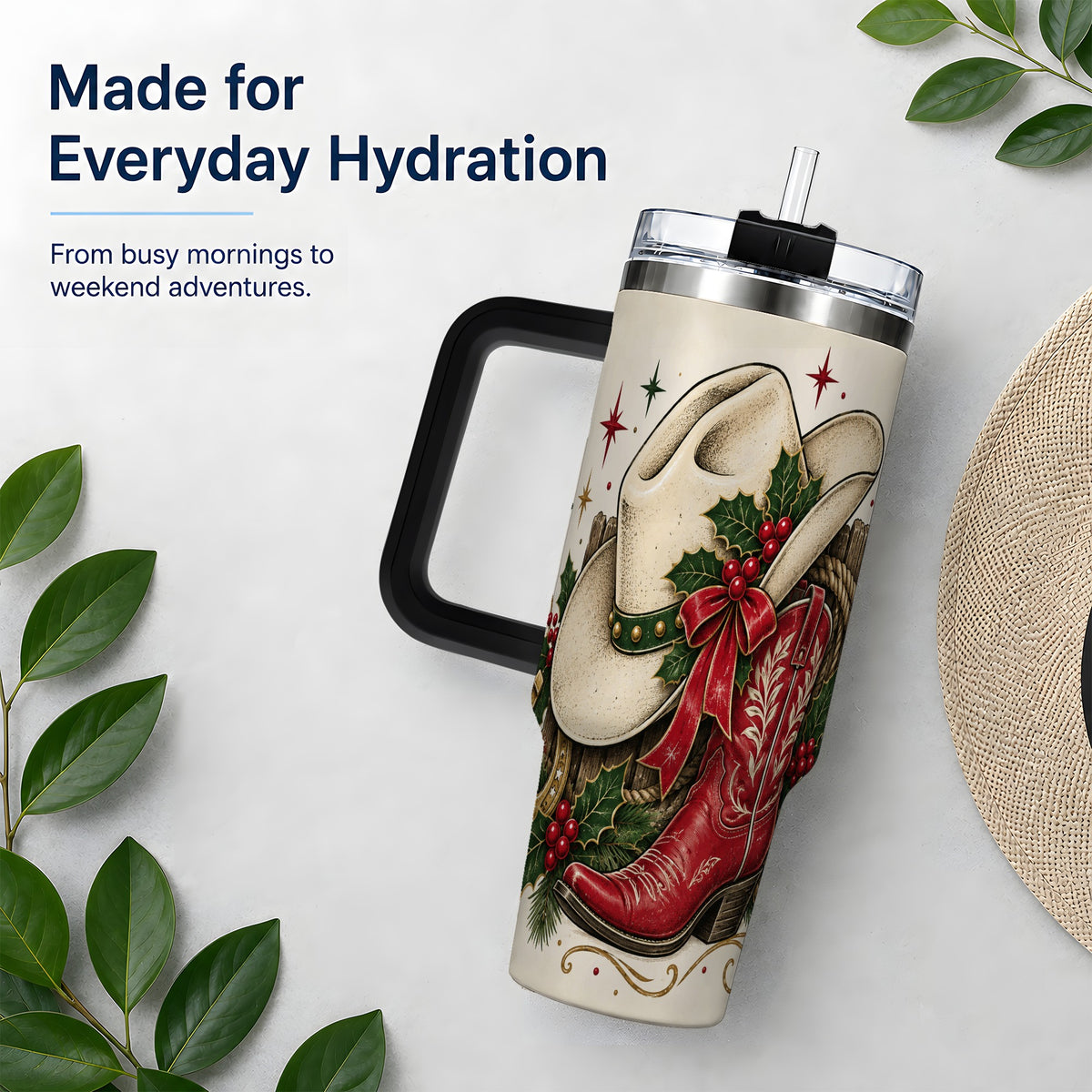 #pl[40oz|Black] Western Christmas 40oz Tumbler, Cowboy Boot Large Holiday Drinkware