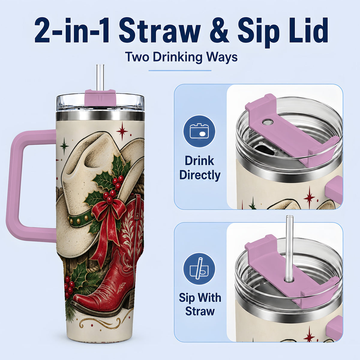 #pl[40oz|Pink] Western Christmas 40oz Tumbler, Cowboy Boot Large Holiday Drinkware