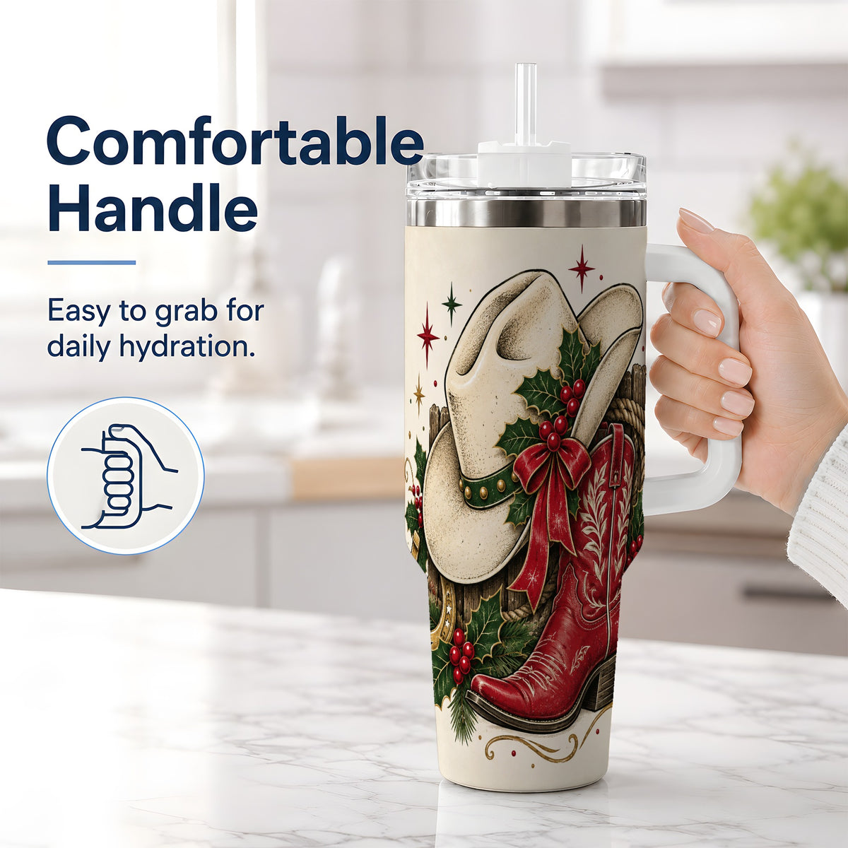 #pl[40oz|White] Western Christmas 40oz Tumbler, Cowboy Boot Large Holiday Drinkware