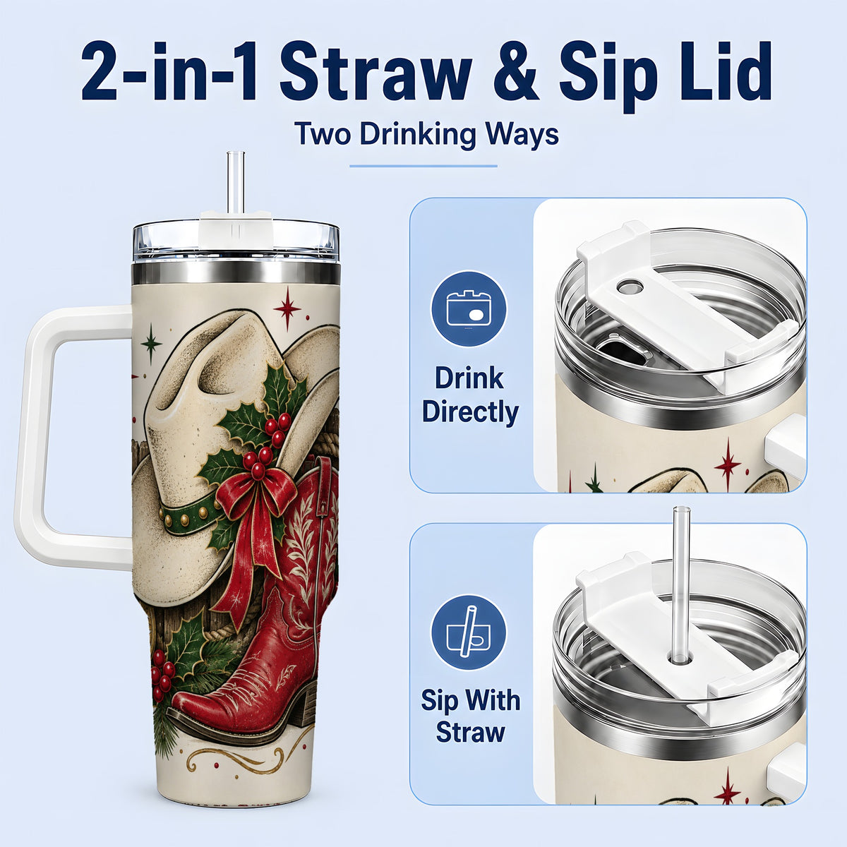 #pl[40oz|White] Western Christmas 40oz Tumbler, Cowboy Boot Large Holiday Drinkware