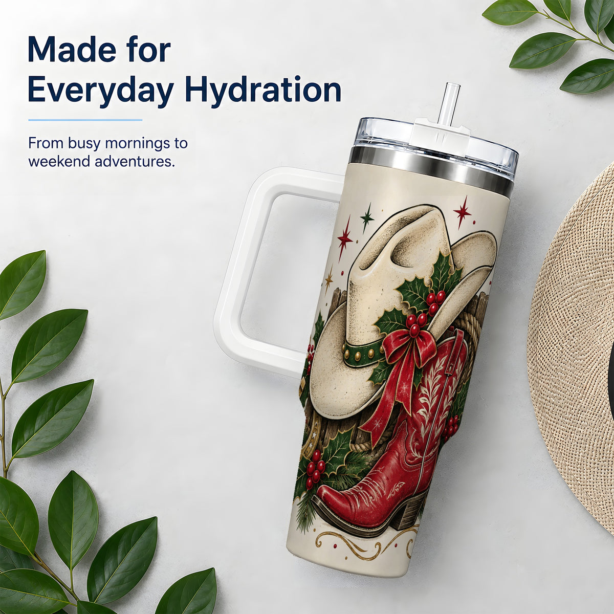 #pl[40oz|White] Western Christmas 40oz Tumbler, Cowboy Boot Large Holiday Drinkware