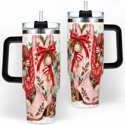 #pl[40oz|Black] Christmas Cowboy Boots 40oz Tumbler, Pink Western Large Drinkware