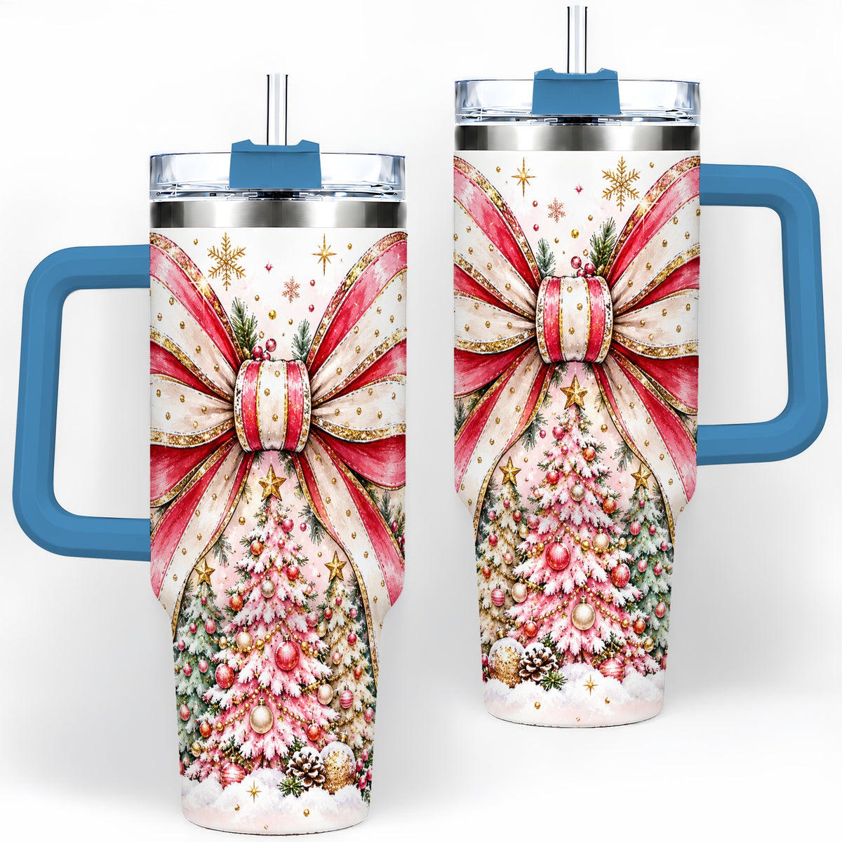 #pl[40oz|Blue] Pink Christmas Bow 40oz Tumbler, Decorated Tree Large Drinkware