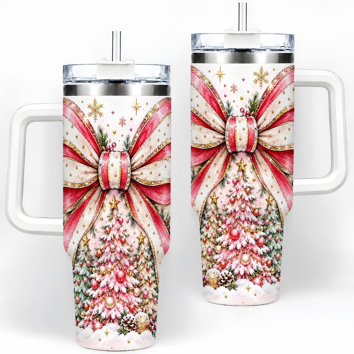 Pink Christmas Bow 40oz Tumbler, Decorated Tree Large Drinkware