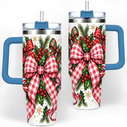 #pl[40oz|Blue] Christmas Bow Wreath 40oz Tumbler, Plaid Holly Large Drinkware