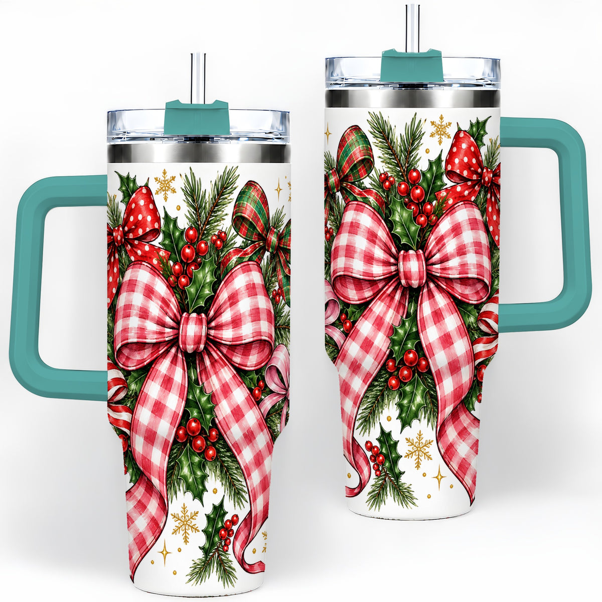 #pl[40oz|Green] Christmas Bow Wreath 40oz Tumbler, Plaid Holly Large Drinkware