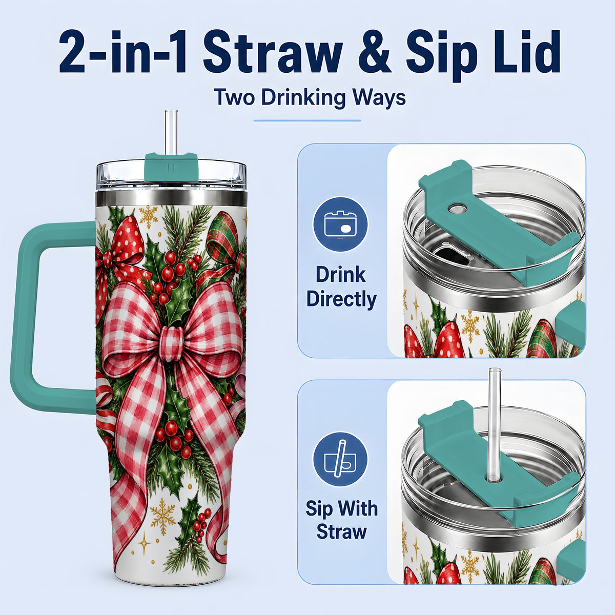 #pl[40oz|Green] Christmas Bow Wreath 40oz Tumbler, Plaid Holly Large Drinkware