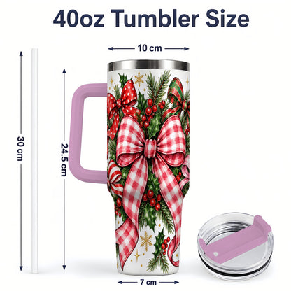 #pl[40oz|Pink] Christmas Bow Wreath 40oz Tumbler, Plaid Holly Large Drinkware