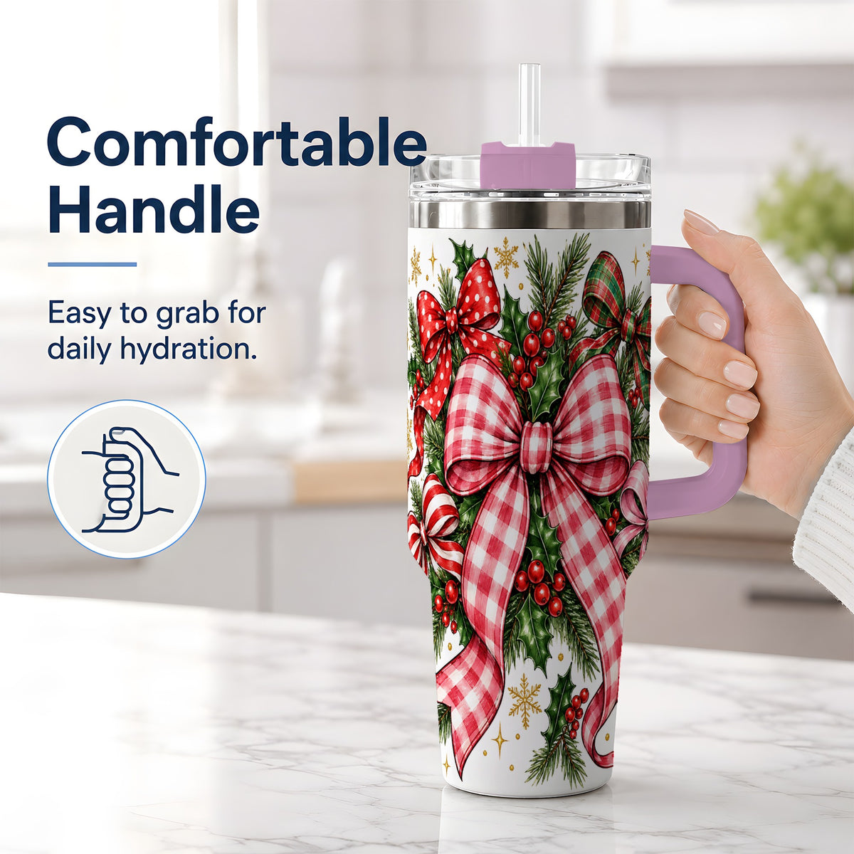 #pl[40oz|Pink] Christmas Bow Wreath 40oz Tumbler, Plaid Holly Large Drinkware