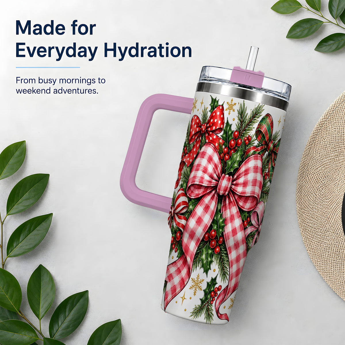 #pl[40oz|Pink] Christmas Bow Wreath 40oz Tumbler, Plaid Holly Large Drinkware