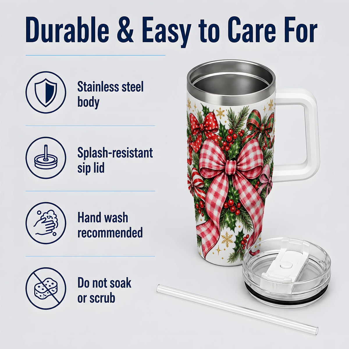 #pl[40oz|White] Christmas Bow Wreath 40oz Tumbler, Plaid Holly Large Drinkware