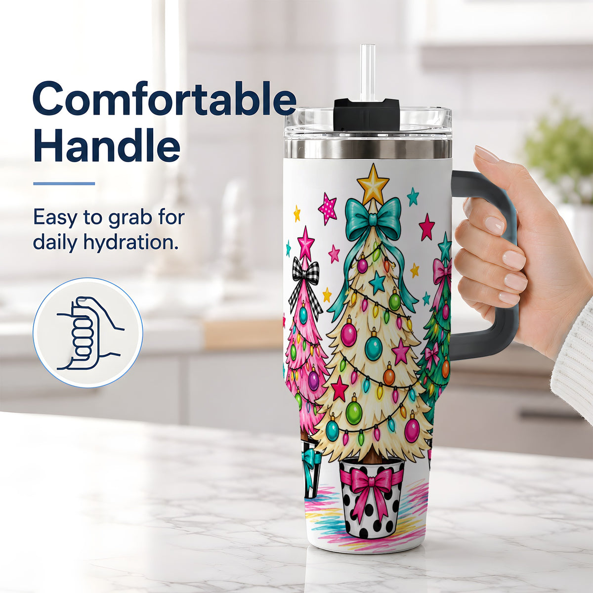 #pl[40oz|Black] Colorful Christmas Trees 40oz Tumbler, Bright Bow Large Drinkware