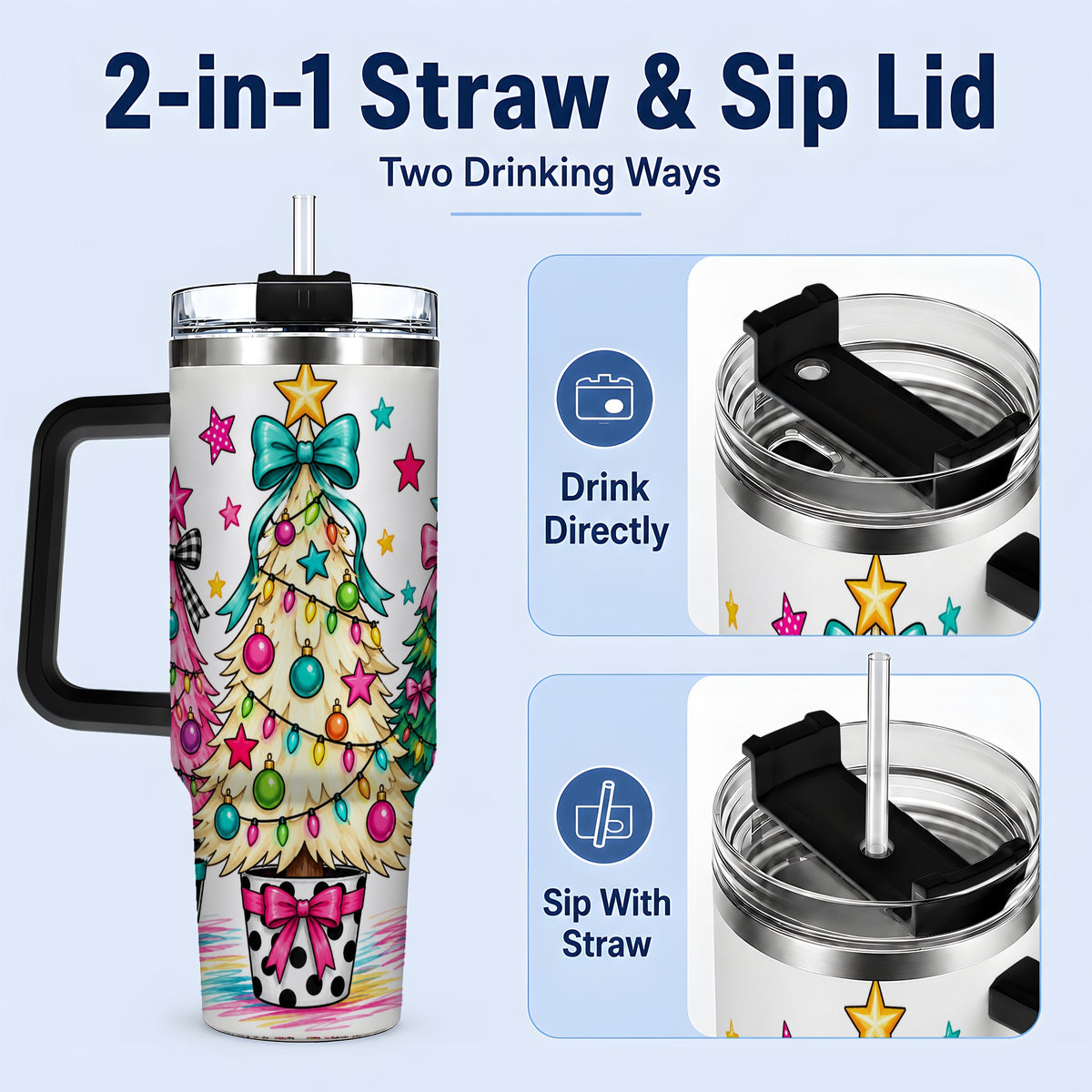 #pl[40oz|Black] Colorful Christmas Trees 40oz Tumbler, Bright Bow Large Drinkware