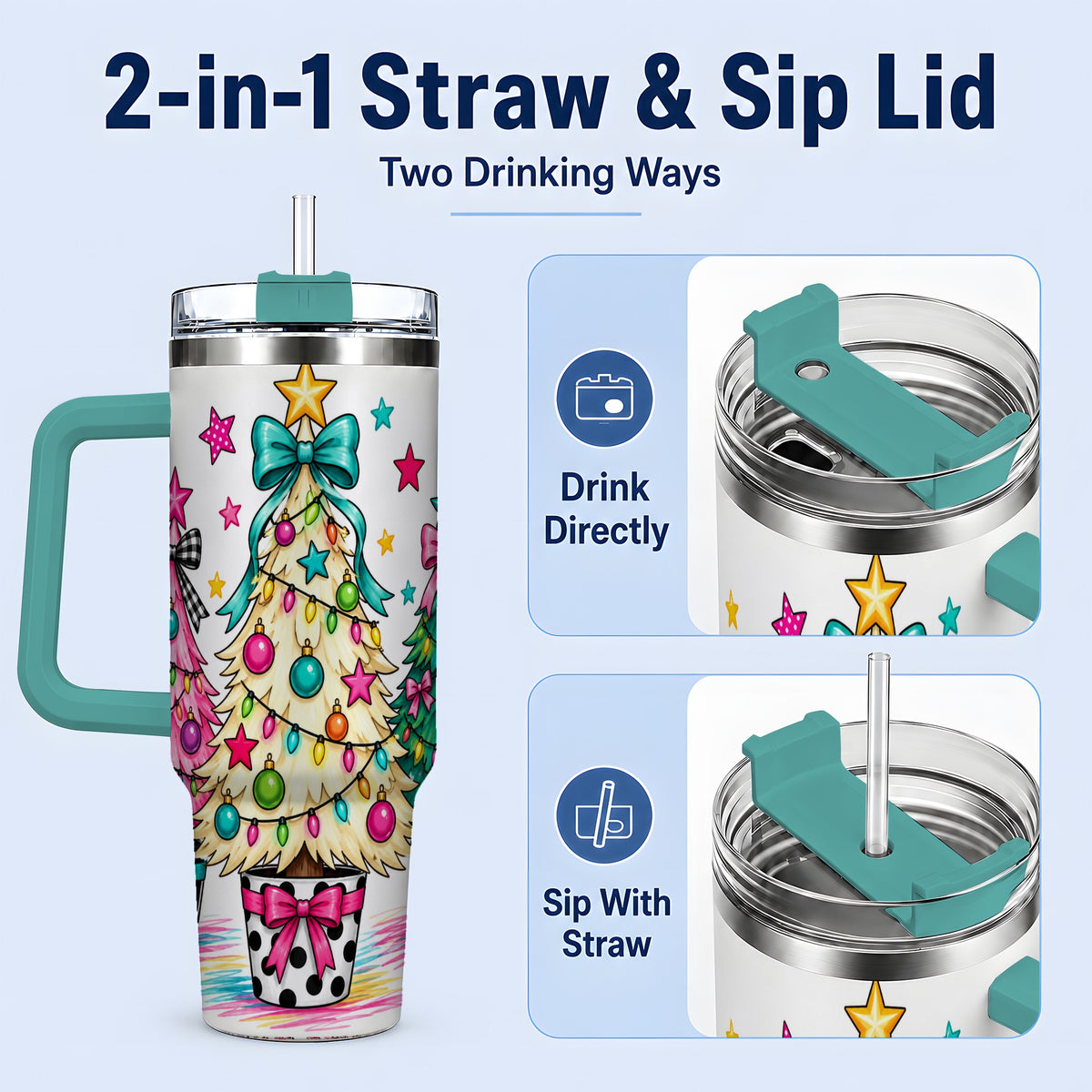 #pl[40oz|Green] Colorful Christmas Trees 40oz Tumbler, Bright Bow Large Drinkware