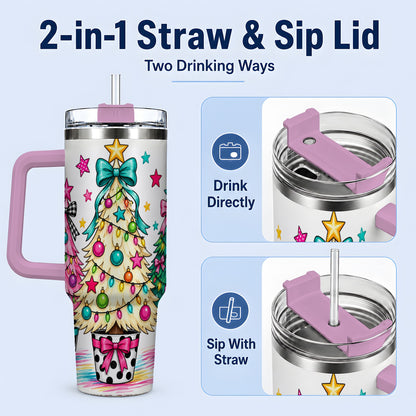 #pl[40oz|Pink] Colorful Christmas Trees 40oz Tumbler, Bright Bow Large Drinkware