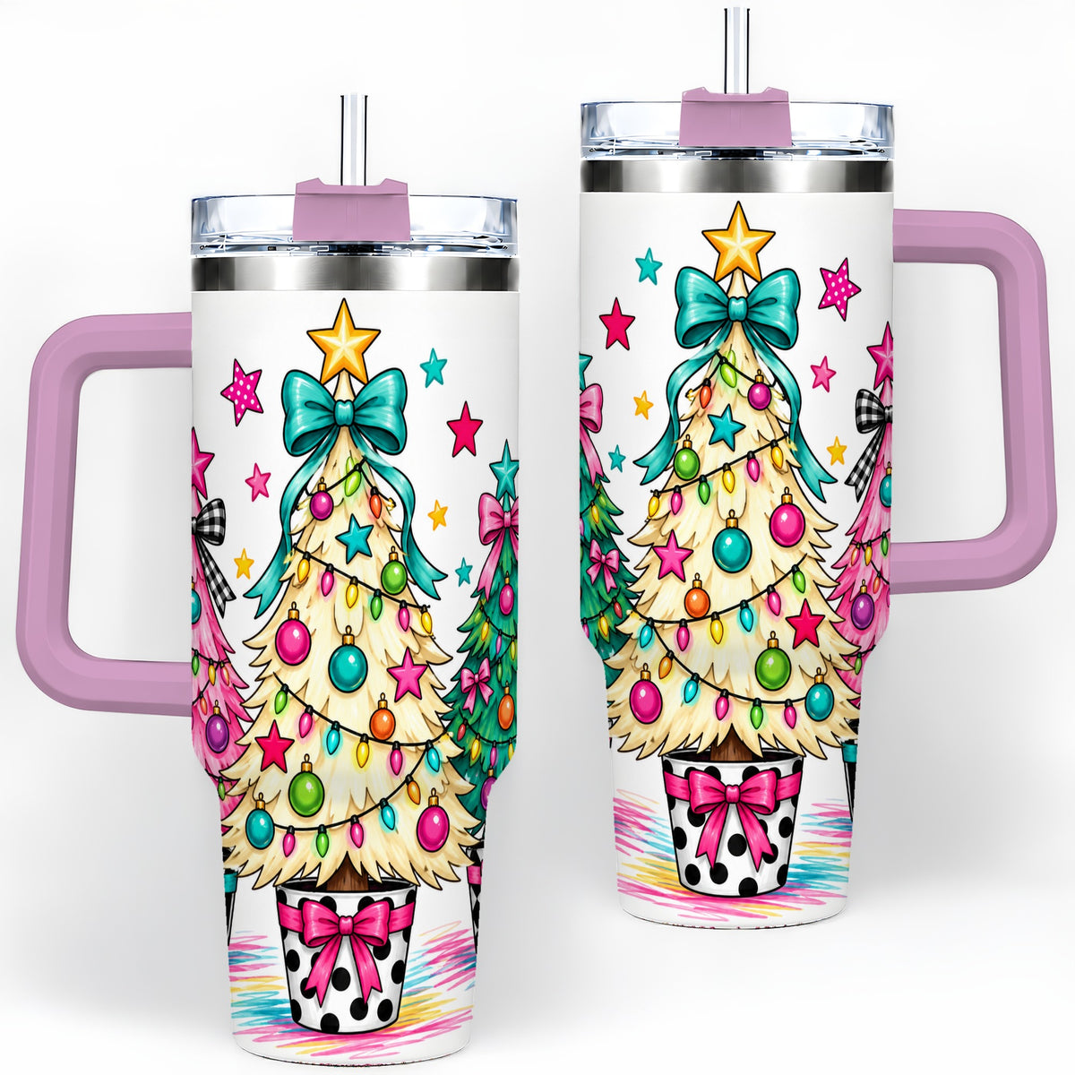 #pl[40oz|Pink] Colorful Christmas Trees 40oz Tumbler, Bright Bow Large Drinkware