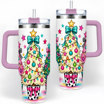 #pl[40oz|Pink] Colorful Christmas Trees 40oz Tumbler, Bright Bow Large Drinkware