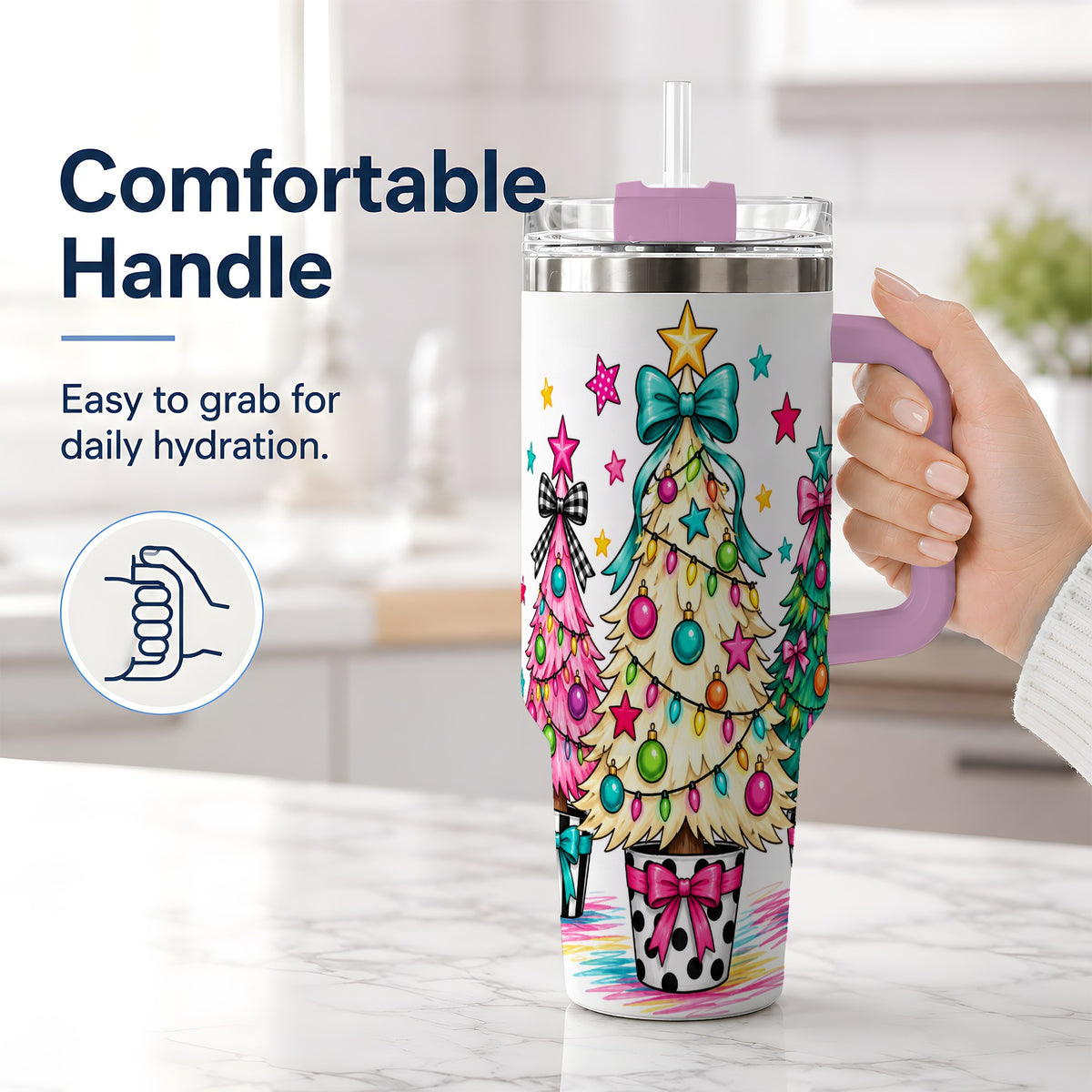#pl[40oz|Pink] Colorful Christmas Trees 40oz Tumbler, Bright Bow Large Drinkware