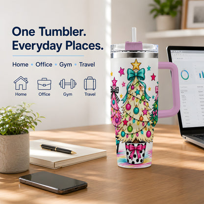 #pl[40oz|Pink] Colorful Christmas Trees 40oz Tumbler, Bright Bow Large Drinkware