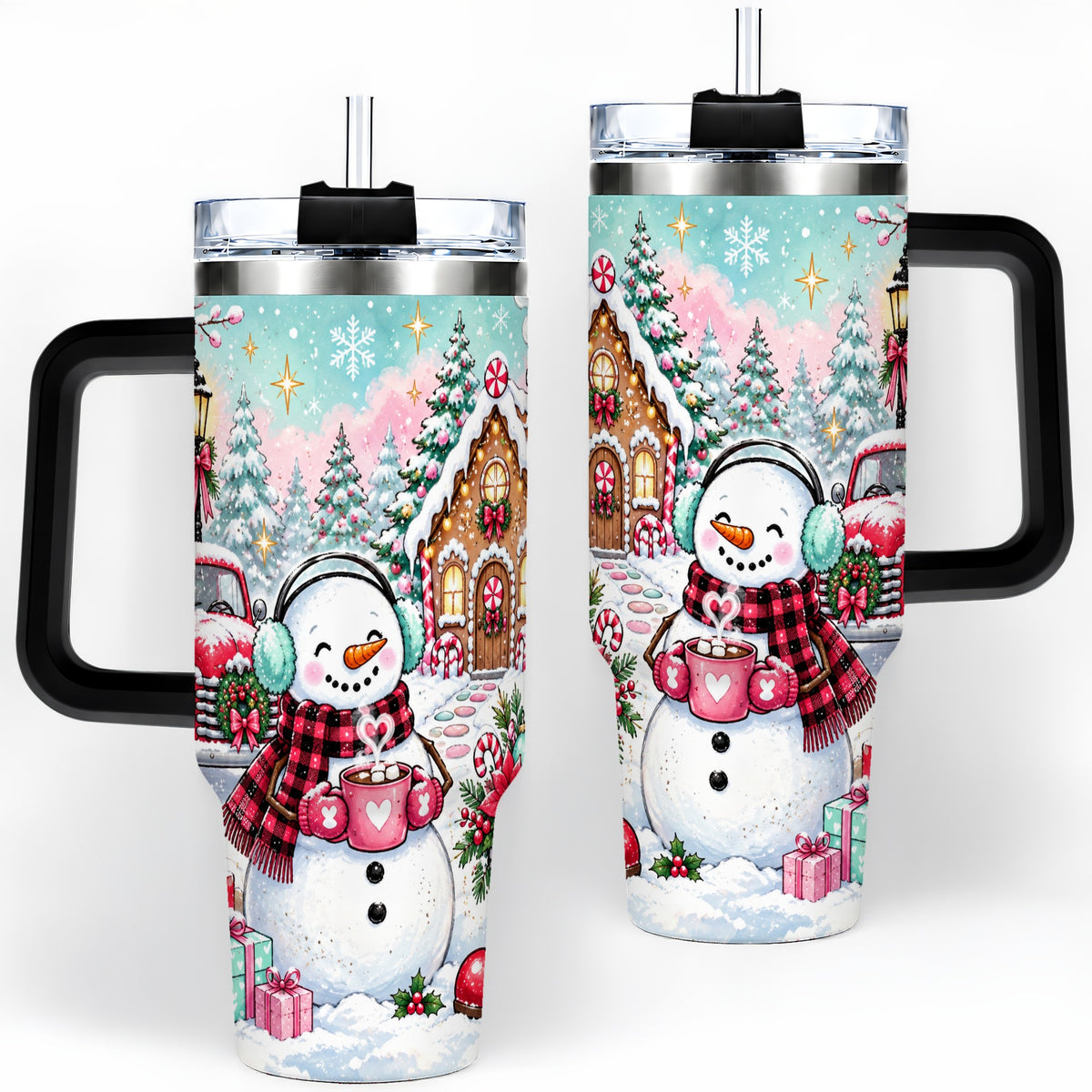 #pl[40oz|Black] Christmas Snowman 40oz Tumbler, Red Truck Winter Holiday Drinkware