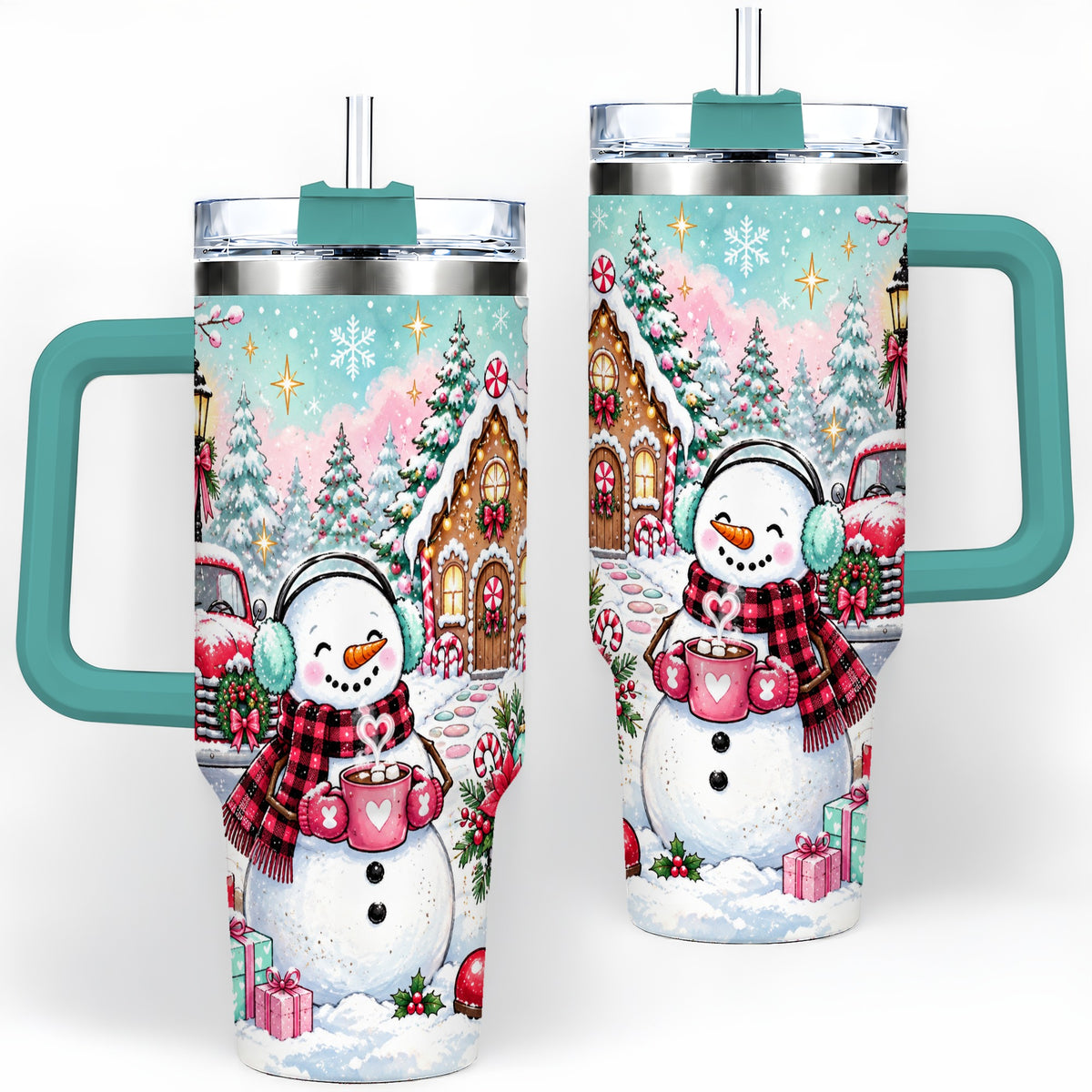 #pl[40oz|Green] Christmas Snowman 40oz Tumbler, Red Truck Winter Holiday Drinkware