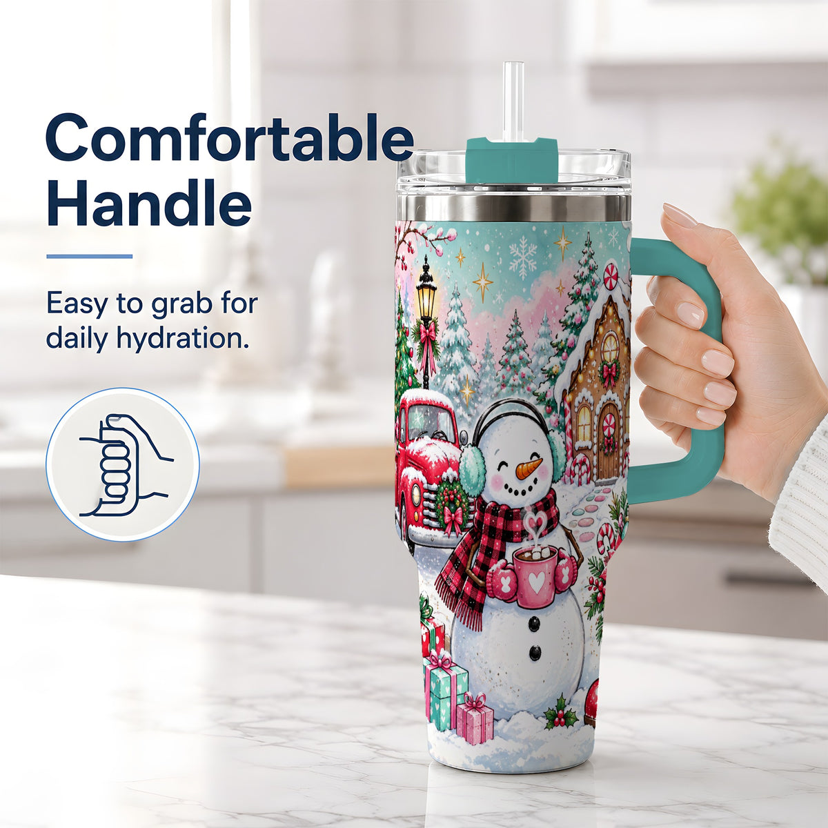 #pl[40oz|Green] Christmas Snowman 40oz Tumbler, Red Truck Winter Holiday Drinkware