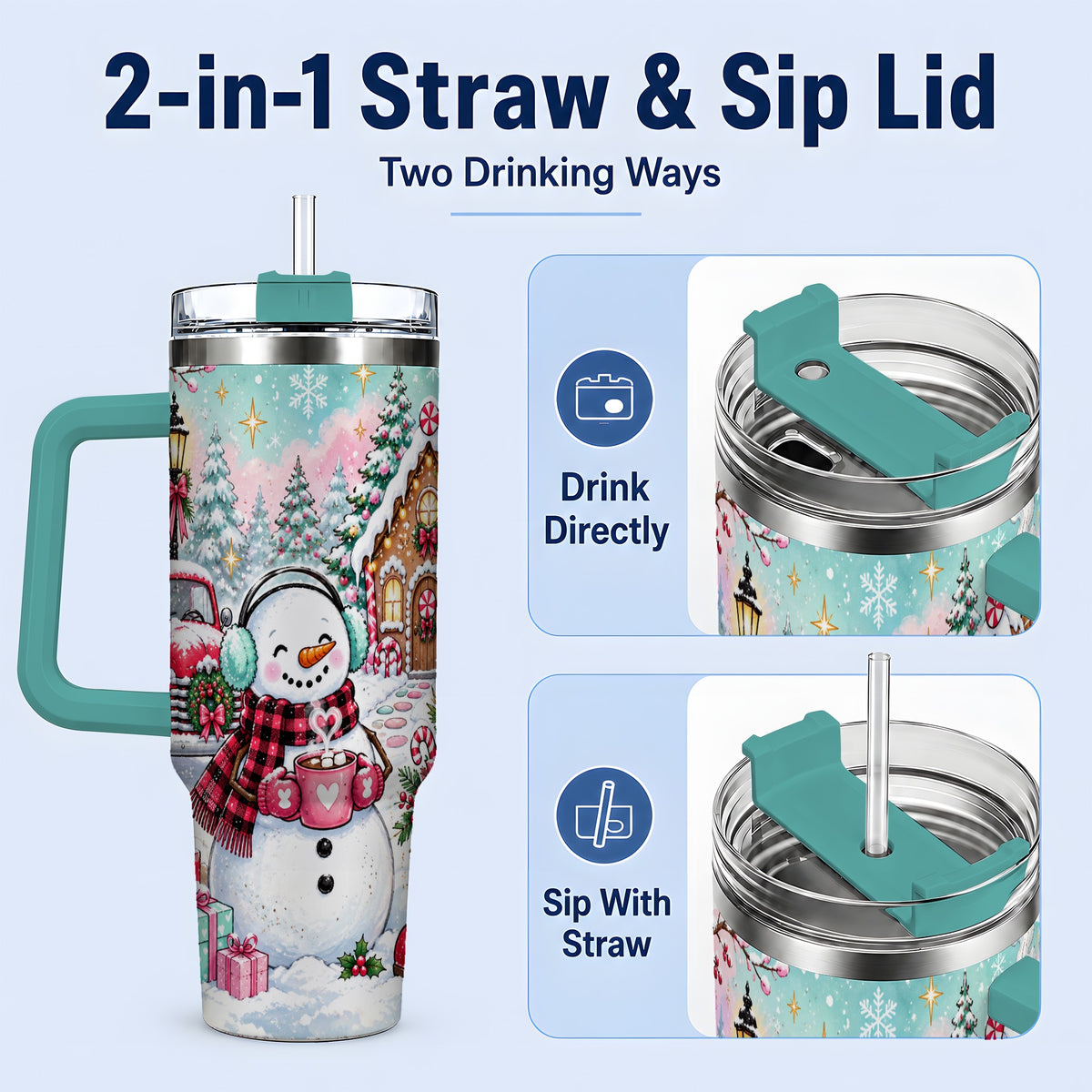 #pl[40oz|Green] Christmas Snowman 40oz Tumbler, Red Truck Winter Holiday Drinkware